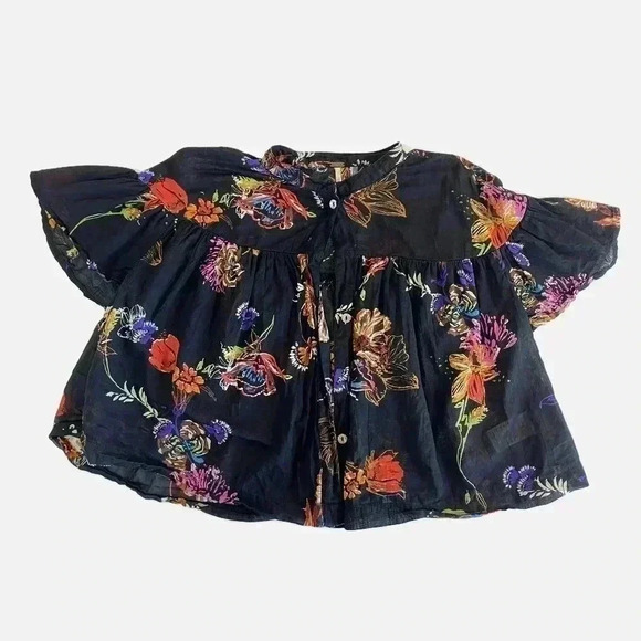 Free People Sweet Escape Tropical Floral Flutter Blouse Cropped Top Size XS - Picture 2 of 10